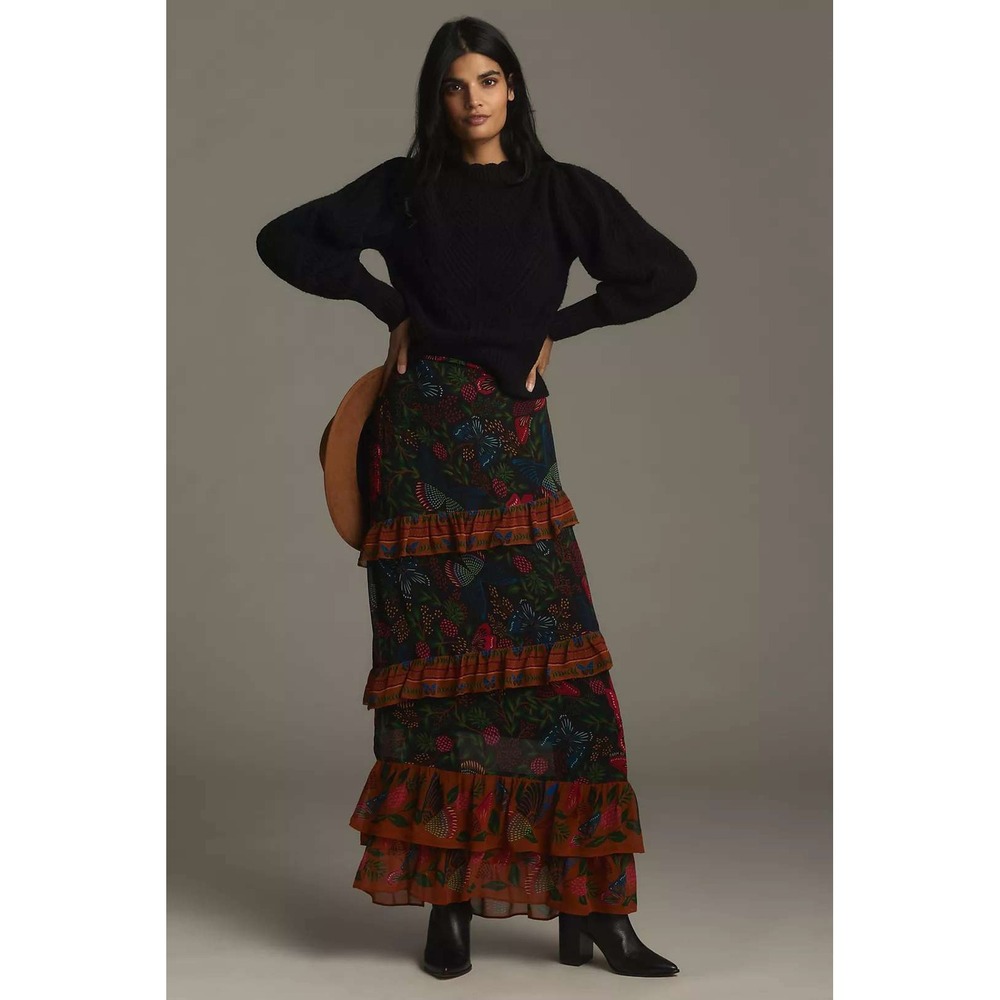 Farm Rio for Anthropologie Butterfly Garden Floral Tiered Ruffle Maxi Skirt XL